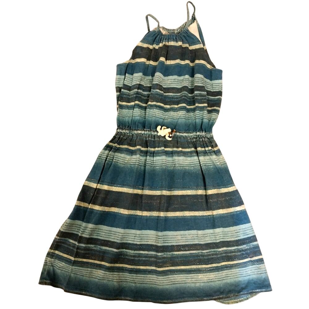 Ralph Lauren Polo 6X Blue Striped Spaghetti Strap Dress W/ Cinched Waist & Clasp